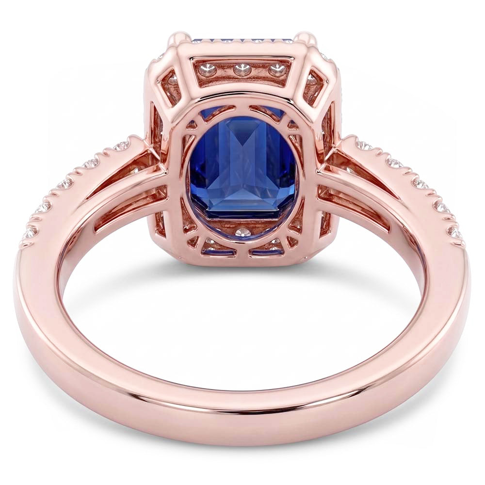 Emerald & Round Natural Earth Mined Diamond Halo Ring Blue Sapphire 3.50 Carats Rose Gold