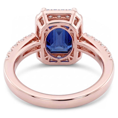 Emerald & Round Natural Earth Mined Diamond Halo Ring Blue Sapphire 3.50 Carats Rose Gold