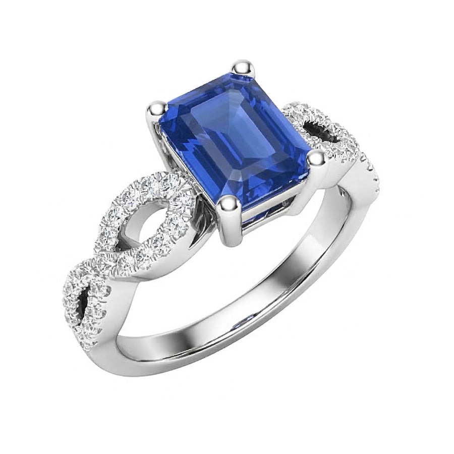 Emerald & Round Natural Earth Mined Diamond Ring Infinity Style Ceylon Sapphire 3 Carats