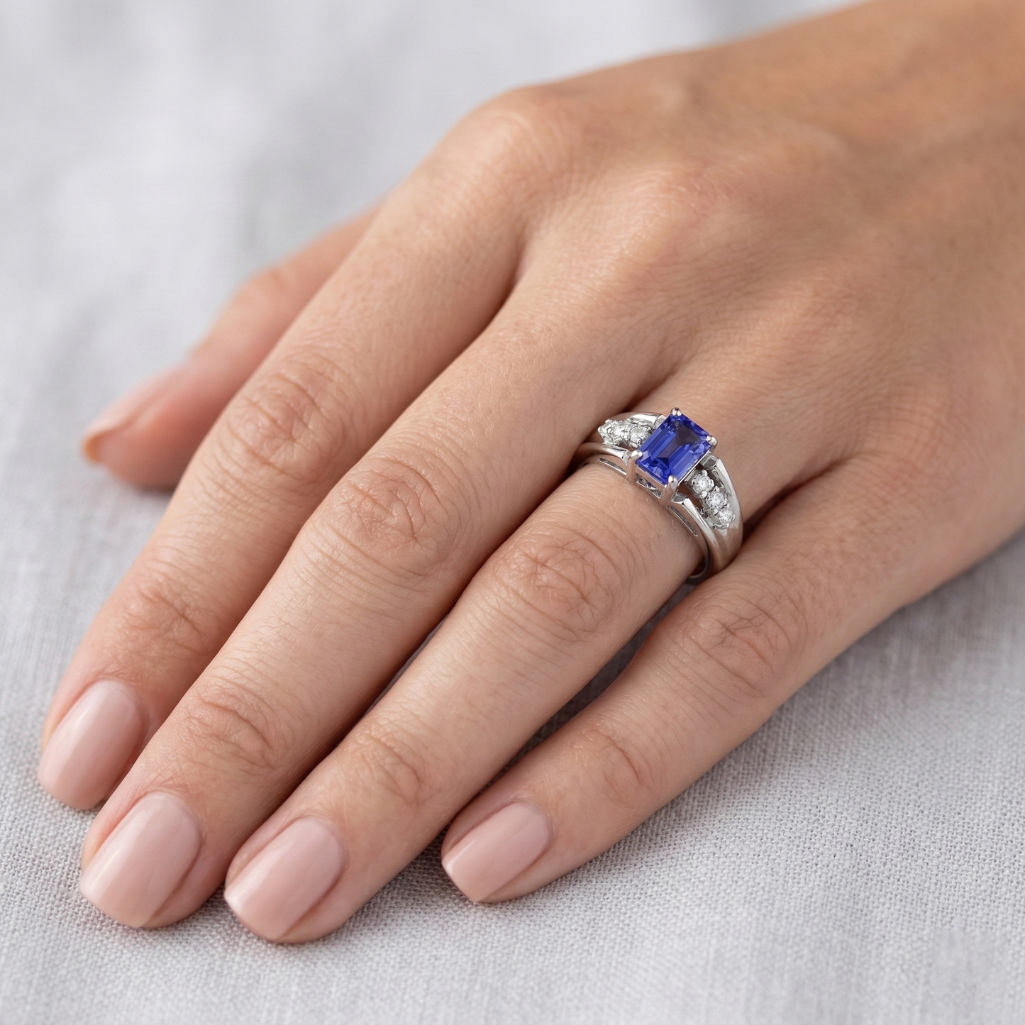 Emerald Cut Ceylon Sapphire With Round Natural Earth Mined Diamonds 1.30 Ct Ring