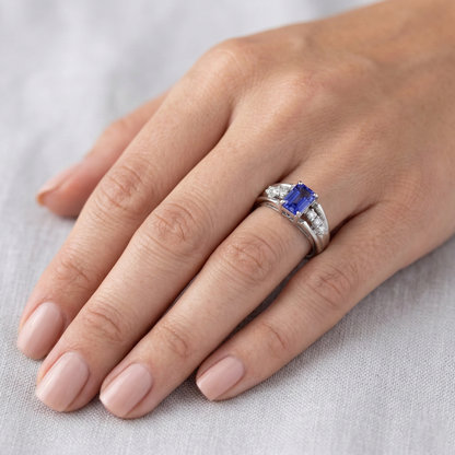Emerald Cut Ceylon Sapphire With Round Natural Earth Mined Diamonds 1.30 Ct Ring