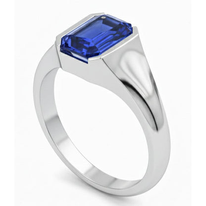 Emerald Cut Solitaire Blue Sapphire Gents Ring White Gold 4 Carats New