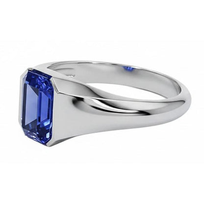 Emerald Cut Solitaire Blue Sapphire Gents Ring White Gold 4 Carats New