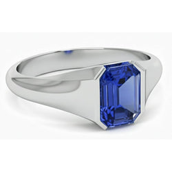 Emerald Cut Solitaire Blue Sapphire Gents Ring White Gold 4 Carats New