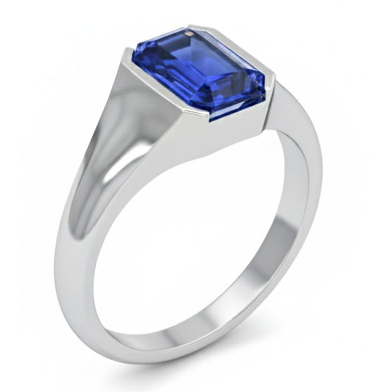 Emerald Cut Solitaire Blue Sapphire Gents Ring White Gold 4 Carats New