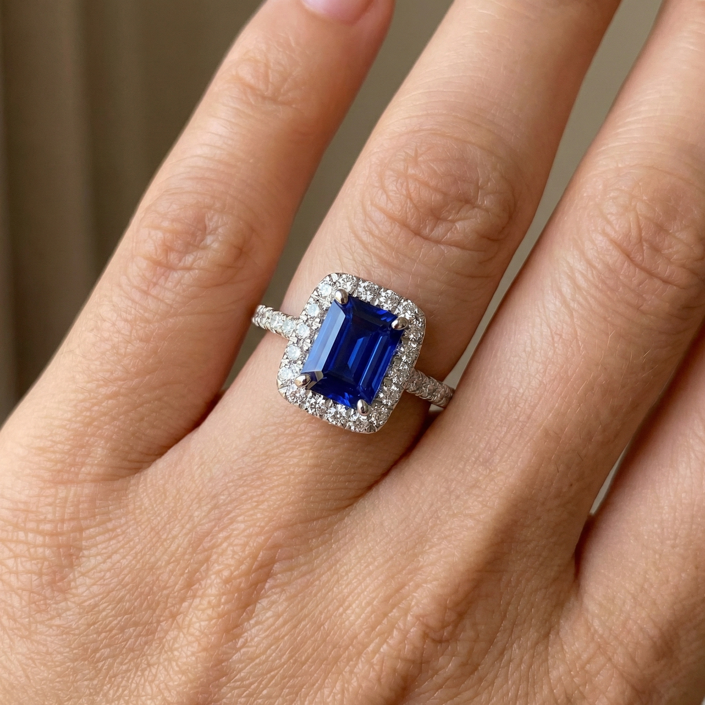 Emerald Cut Sri Lanka Sapphire Natural Earth Mined Diamonds Ring 3 Ct White Gold 14K