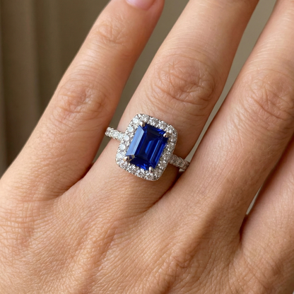 Emerald Cut Sri Lanka Sapphire Natural Earth Mined Diamonds Ring 3 Ct White Gold 14K