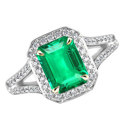 Natural Real ( Not Lab Grown ) Emerald GIA Shape Green Emerald GIA & Diamond Wedding Ring Split Shank