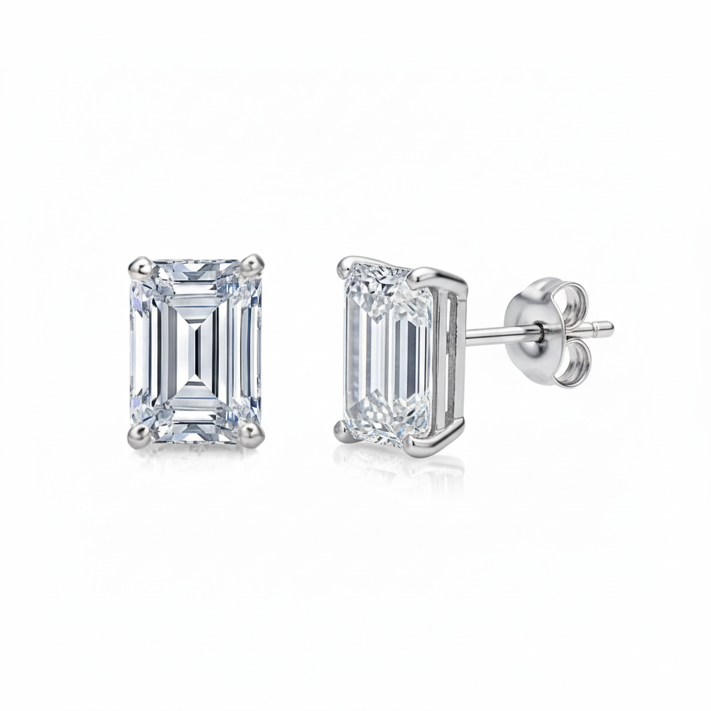 Emerald Cut Lab Grown Diamond Women Stud Earrings White Gold 2 Carats