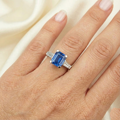 Emerald Cut Sapphire Gem Ring With Baguette Natural Earth Mined Diamonds