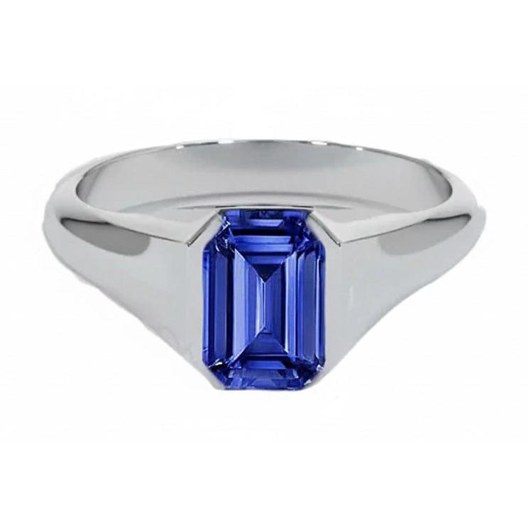 Emerald Cut Solitaire Blue Sapphire Gents Ring White Gold 4 Carats New