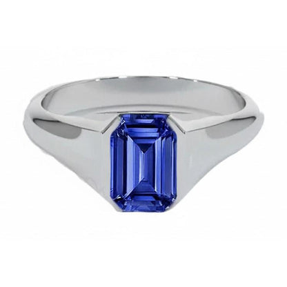 Emerald Cut Solitaire Blue Sapphire Gents Ring White Gold 4 Carats New