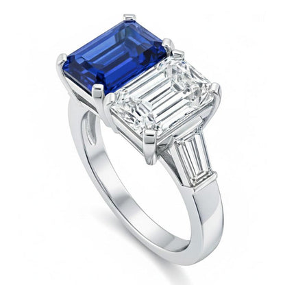 Emerald Natural Earth Mined Diamond & Blue Sapphire Ring 4.50 Carats Gold Baguette Accents