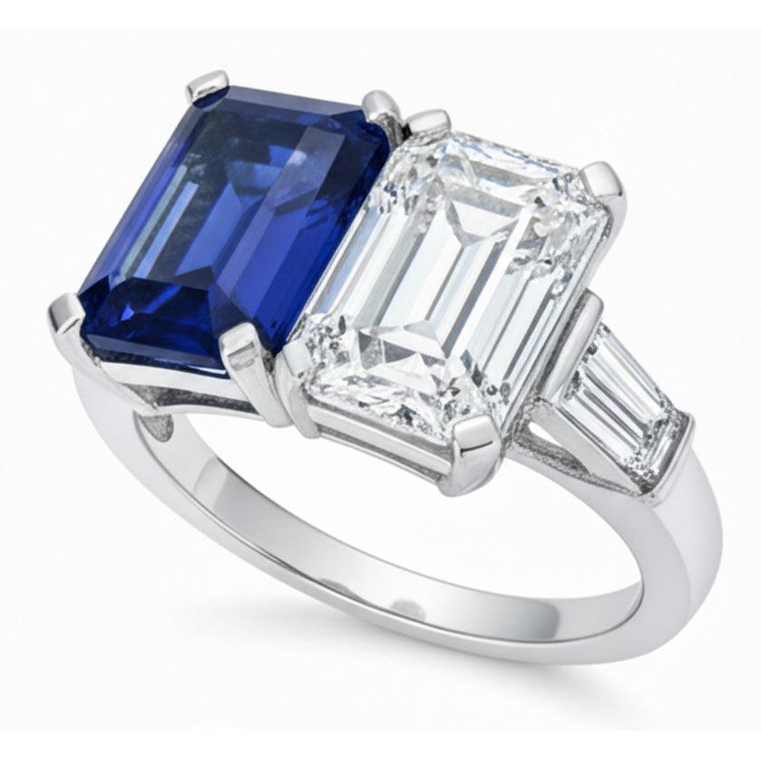 Emerald Natural Earth Mined Diamond & Blue Sapphire Ring 4.50 Carats Gold Baguette Accents