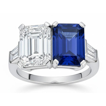 Emerald Natural Earth Mined Diamond & Blue Sapphire Ring 4.50 Carats Gold Baguette Accents