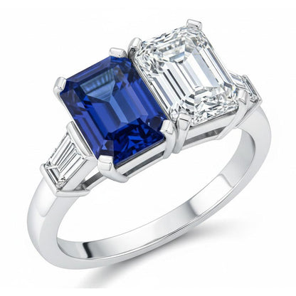 Emerald Natural Earth Mined Diamond & Blue Sapphire Ring 4.50 Carats Gold Baguette Accents