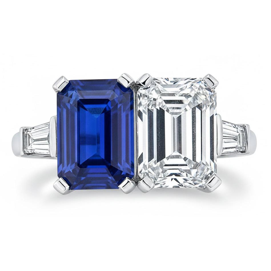 Emerald Natural Earth Mined Diamond & Blue Sapphire Ring 4.50 Carats Gold Baguette Accents