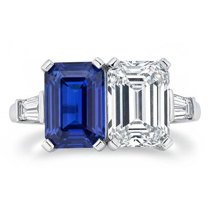 Emerald Natural Earth Mined Diamond & Blue Sapphire Ring 4.50 Carats Gold Baguette Accents