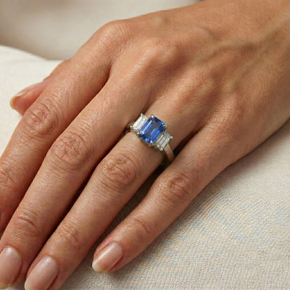 Natural Real ( Not Lab Grown )  Emerald Three Stone Blue Sapphire Ring 3 Carats Gold Jewelry
