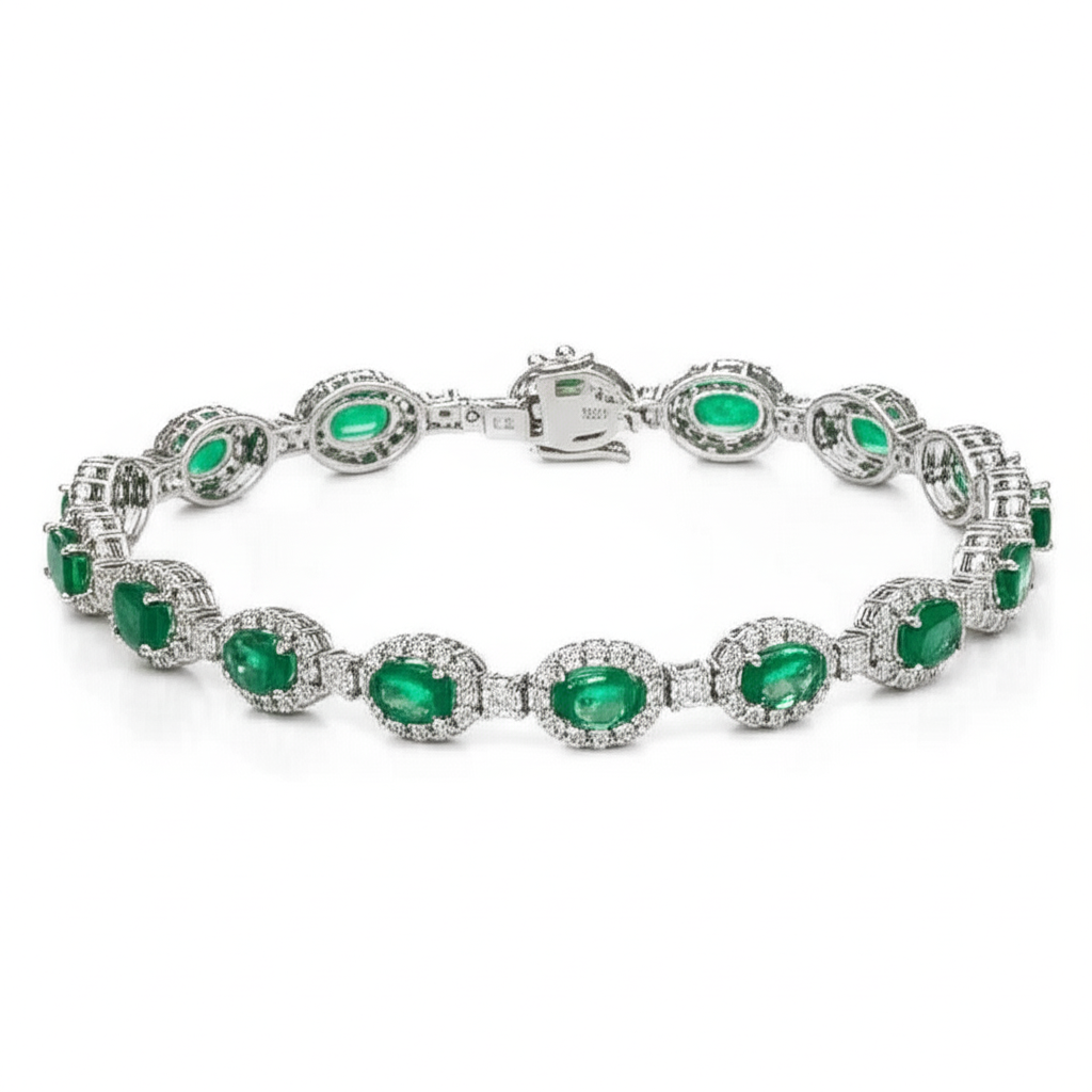 Oval Cut Green Emerald With Natural Earth Mined Diamonds Women Tennis Bracelet 14K 8.5 Ct.