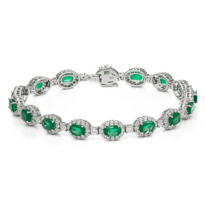 Oval Cut Green Emerald With Natural Earth Mined Diamonds Women Tennis Bracelet 14K 8.5 Ct.