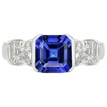 Engagement 3 Stone Natural Earth Mined Diamond Ring Asscher Sri Lankan Sapphire 2 Carats