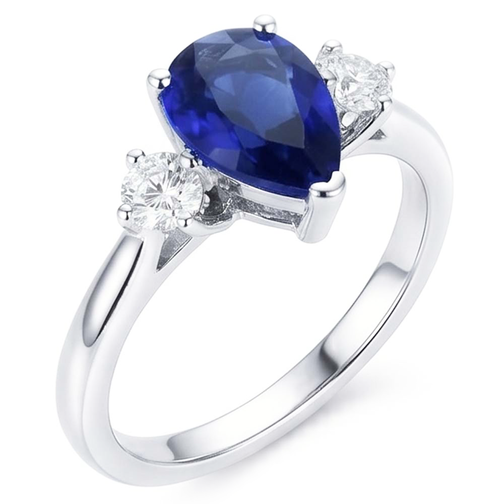Engagement 3 Stone Ring Pear Blue Sapphire & Natural Earth Mined Diamonds 2.50 Carats