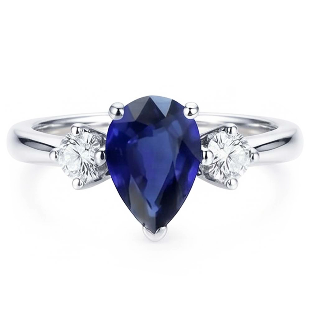 Engagement 3 Stone Ring Pear Blue Sapphire & Natural Earth Mined Diamonds 2.50 Carats