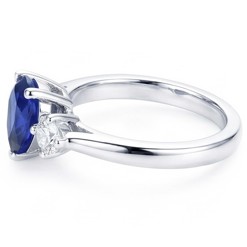 Engagement 3 Stone Ring Pear Blue Sapphire & Natural Earth Mined Diamonds 2.50 Carats