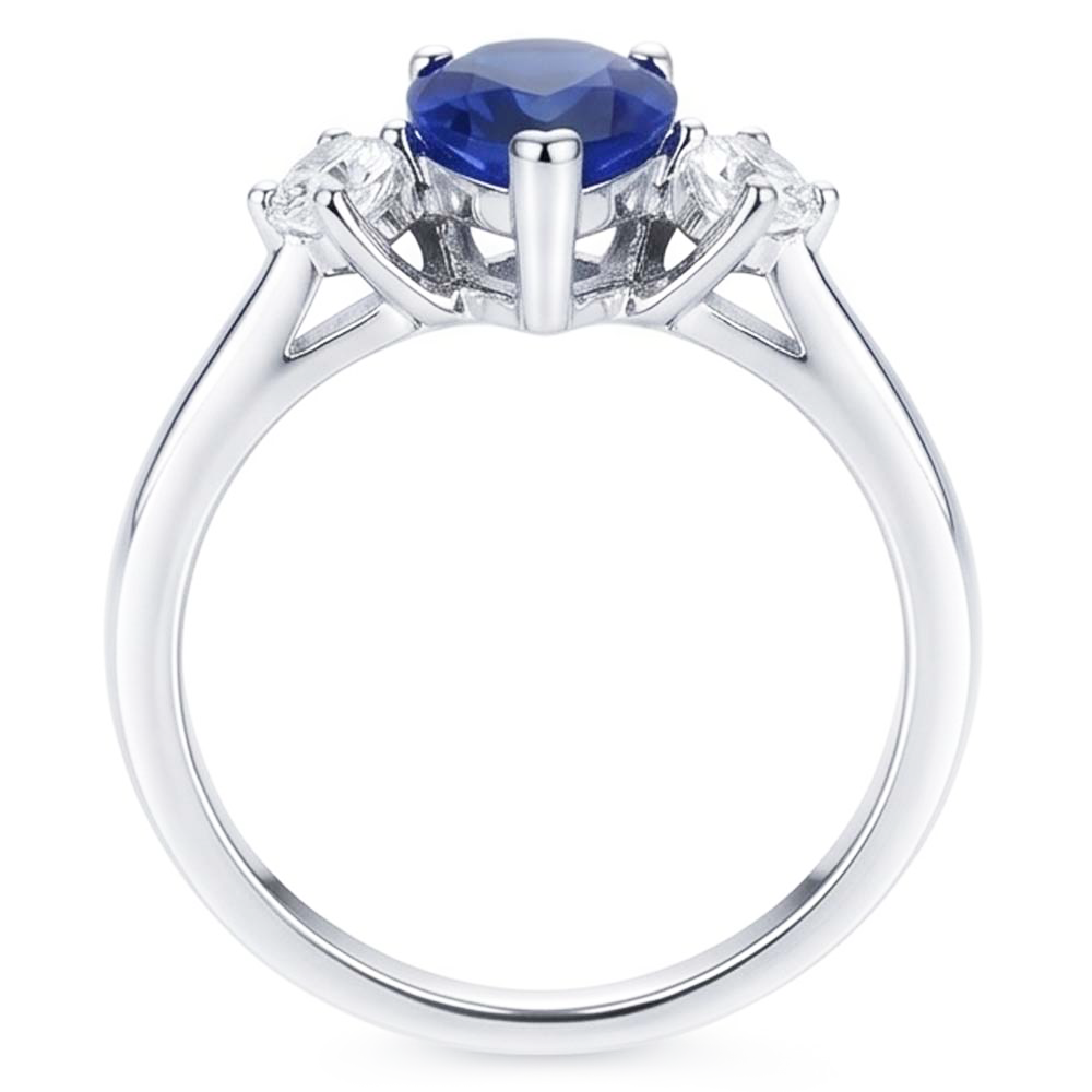 Engagement 3 Stone Ring Pear Blue Sapphire & Natural Earth Mined Diamonds 2.50 Carats