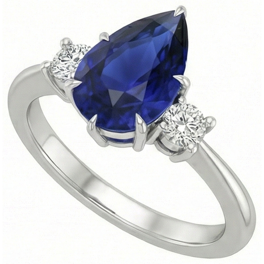 Engagement 3 Stone Ring Pear Ceylon Sapphire & Natural Earth Mined Diamonds 4 Carats
