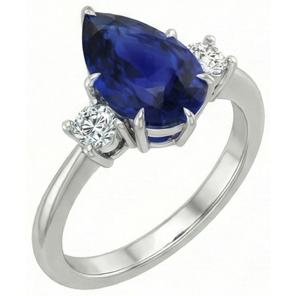 Engagement 3 Stone Ring Pear Ceylon Sapphire & Natural Earth Mined Diamonds 4 Carats