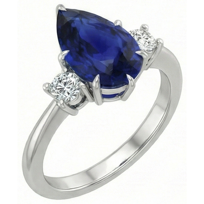 Engagement 3 Stone Ring Pear Ceylon Sapphire & Natural Earth Mined Diamonds 4 Carats