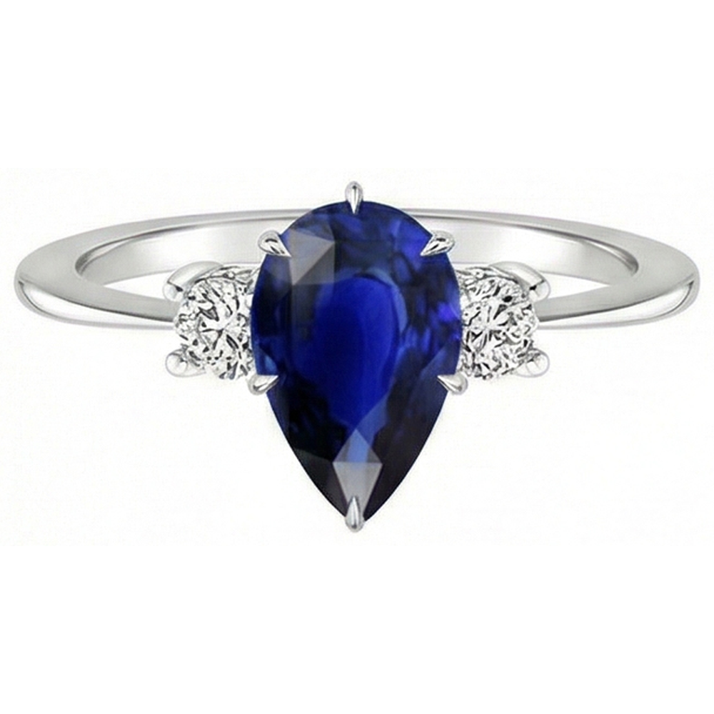 Engagement 3 Stone Ring Pear Ceylon Sapphire & Natural Earth Mined Diamonds 4 Carats