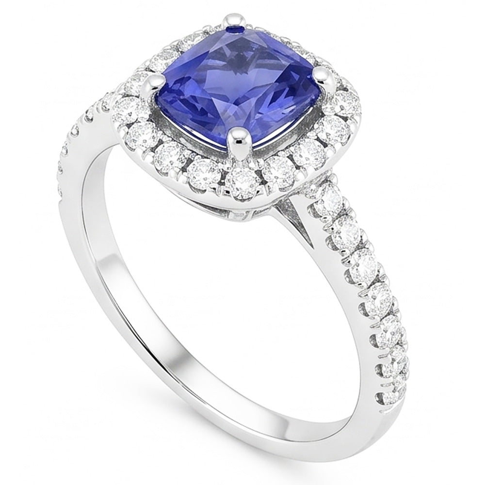 Engagement Halo Cushion Sapphire Ring 2.50 Carats Natural Earth Mined Diamond 14K Gold