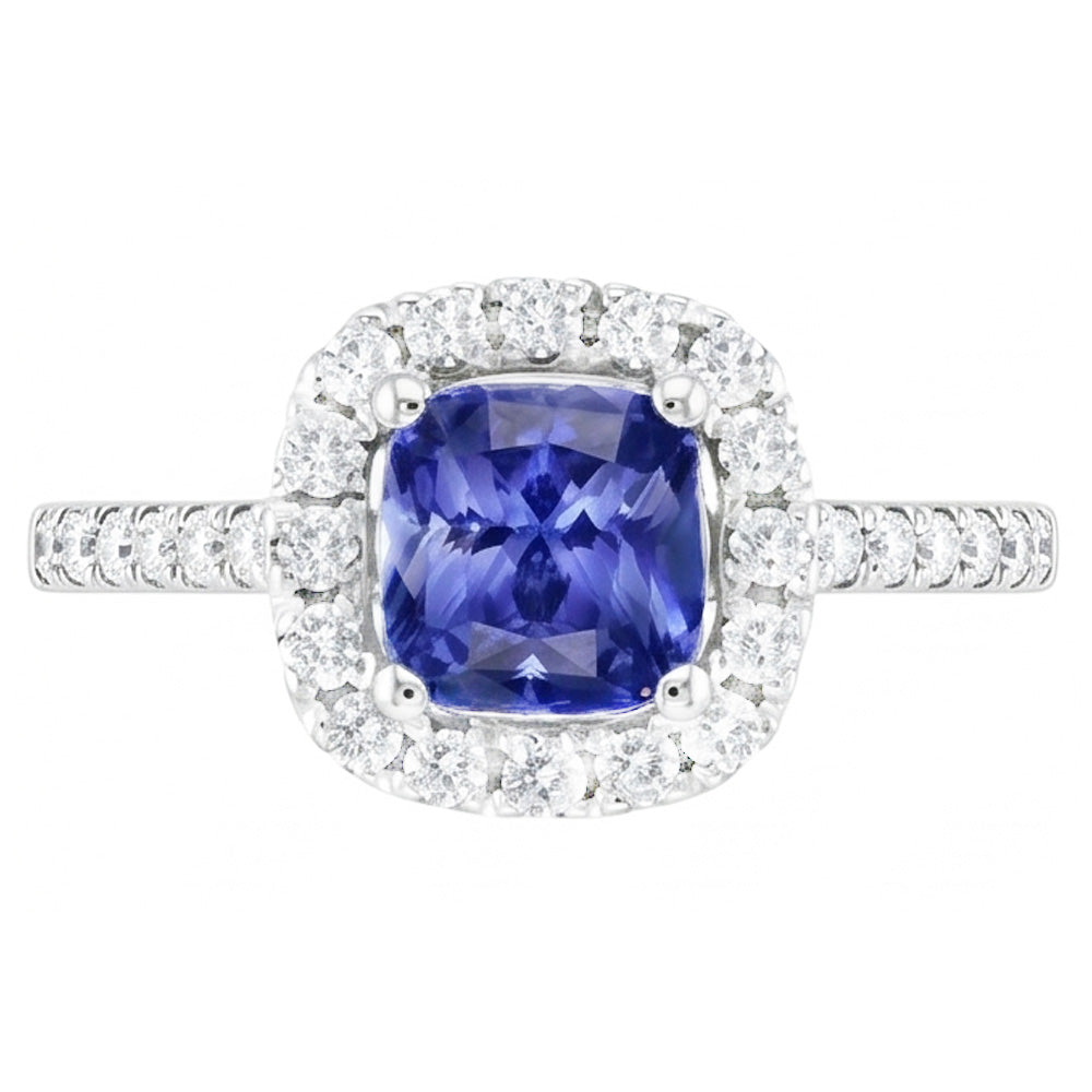 Engagement Halo Cushion Sapphire Ring 2.50 Carats Natural Earth Mined Diamond 14K Gold