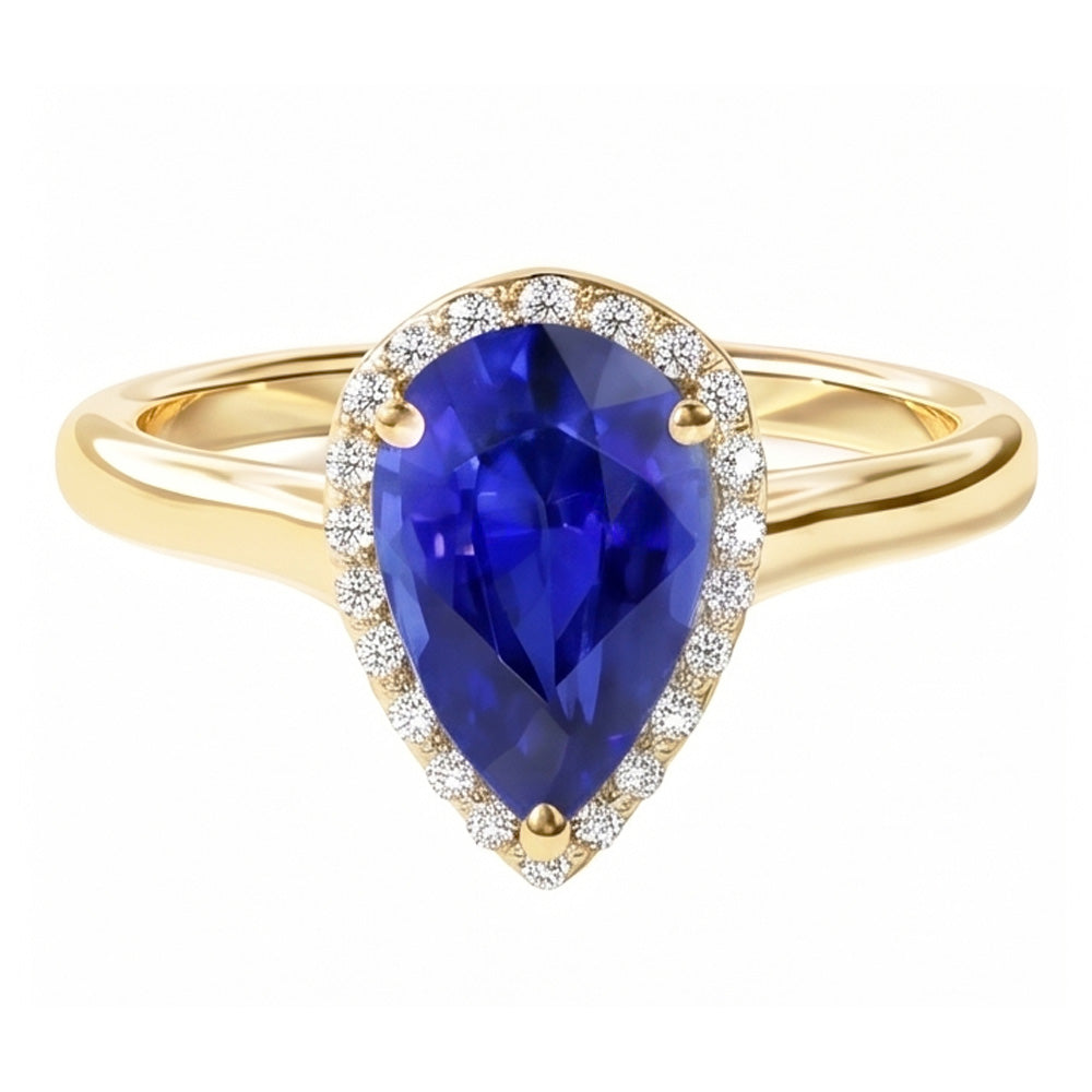 Engagement Halo Ring Pear Cut Blue Sapphire & Natural Earth Mined Diamonds 4 Carats