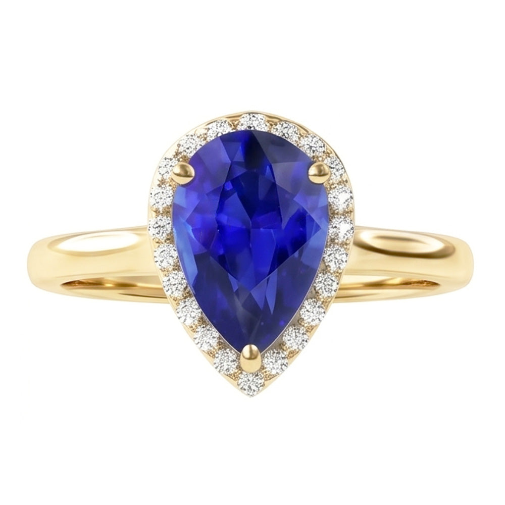 Engagement Halo Ring Pear Cut Blue Sapphire & Natural Earth Mined Diamonds 4 Carats