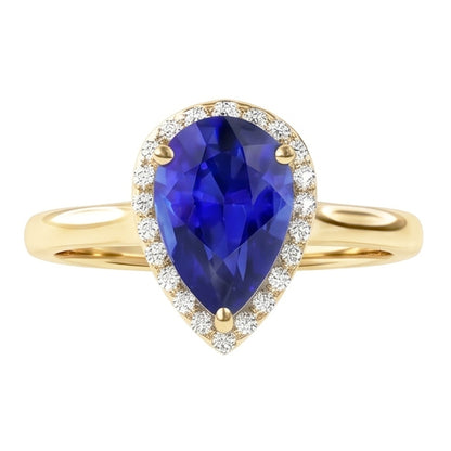 Engagement Halo Ring Pear Cut Blue Sapphire & Natural Earth Mined Diamonds 4 Carats