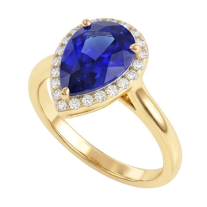 Engagement Halo Ring Pear Cut Blue Sapphire & Natural Earth Mined Diamonds 4 Carats