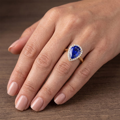 Engagement Halo Ring Pear Cut Blue Sapphire & Natural Earth Mined Diamonds 4 Carats