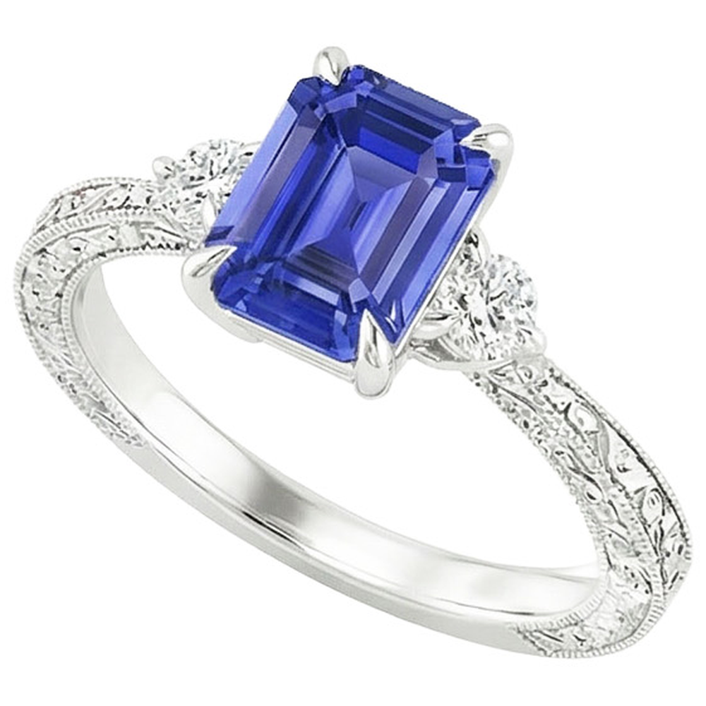 Engagement Ring 3 Stones Emerald Blue Sapphire & Natural Earth Mined Diamond 3.50 Carats