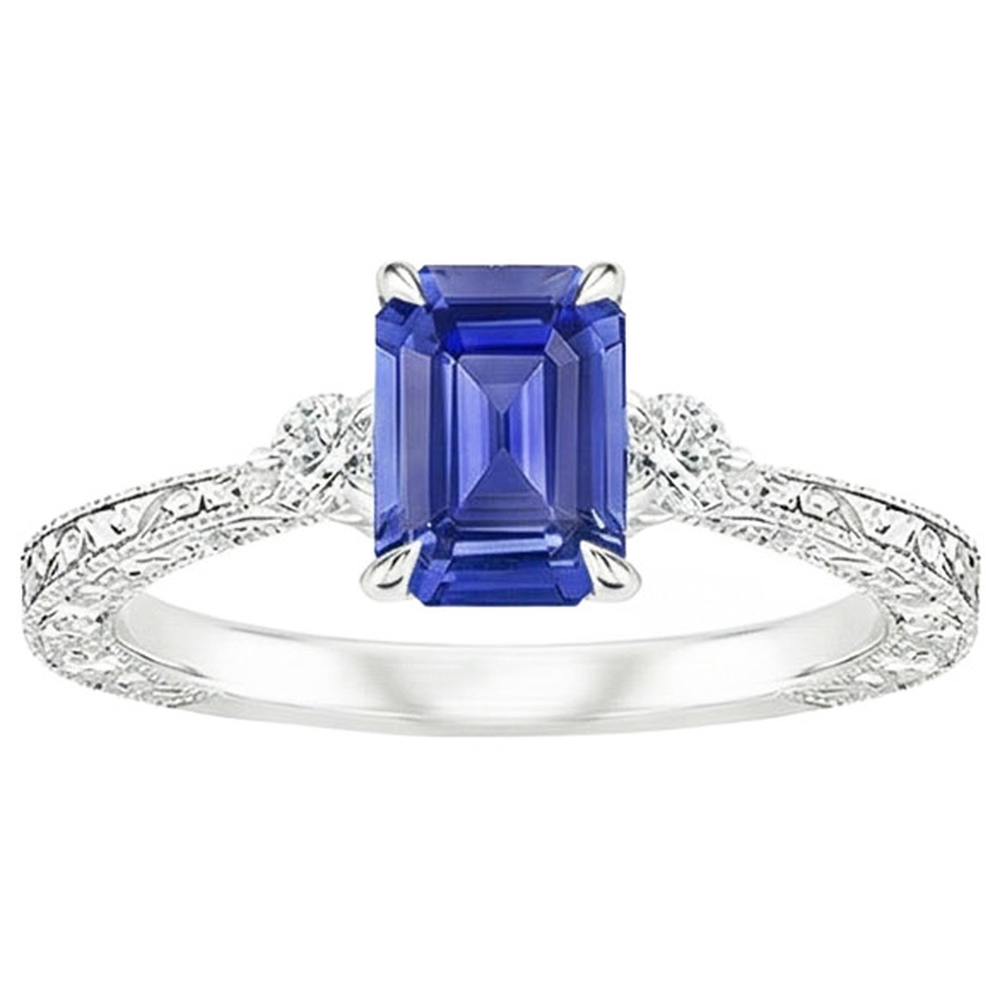 Engagement Ring 3 Stones Emerald Blue Sapphire & Natural Earth Mined Diamond 3.50 Carats