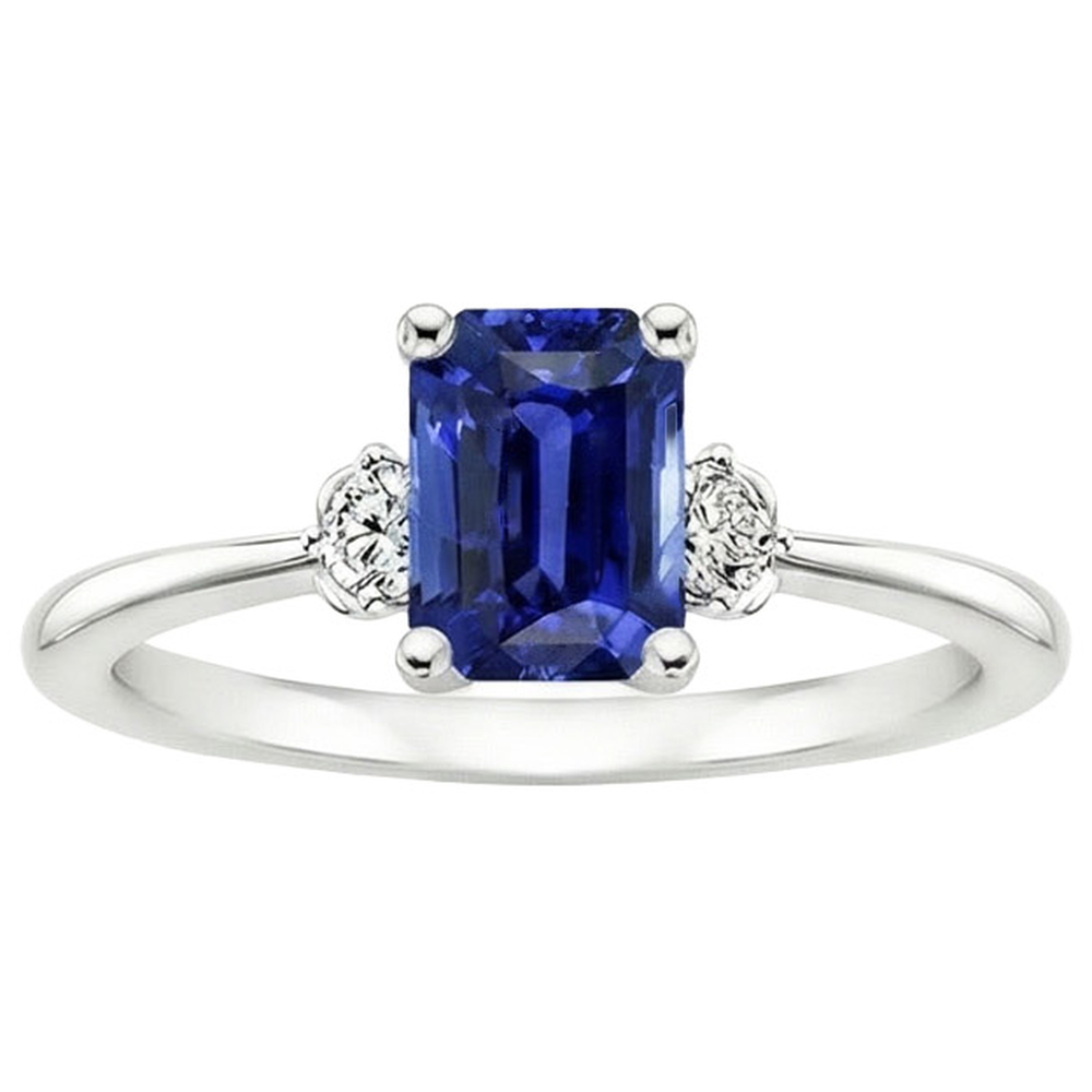 Engagement Ring 3 Stones Radiant Ceylon Sapphire & Natural Earth Mined Diamond 3.50 Carats