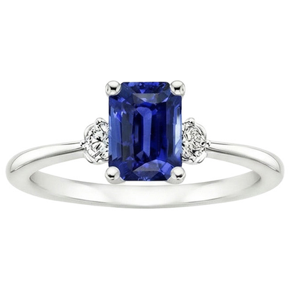 Engagement Ring 3 Stones Radiant Ceylon Sapphire & Natural Earth Mined Diamond 3.50 Carats