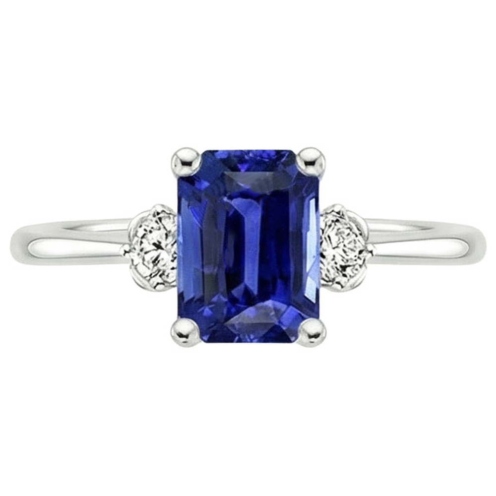 Engagement Ring 3 Stones Radiant Ceylon Sapphire & Natural Earth Mined Diamond 3.50 Carats