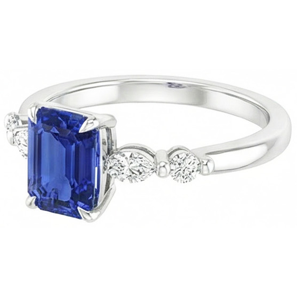 Engagement Ring 5 Stones Radiant Ceylon Sapphire & Natural Earth Mined Diamond 4 Carats
