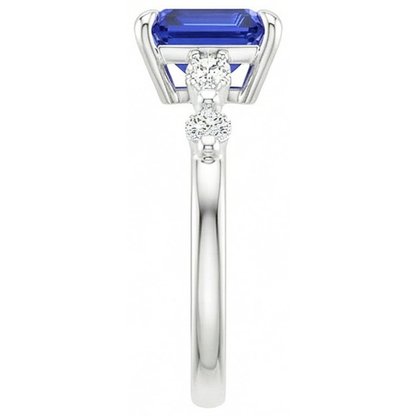 Engagement Ring 5 Stones Radiant Ceylon Sapphire & Natural Earth Mined Diamond 4 Carats