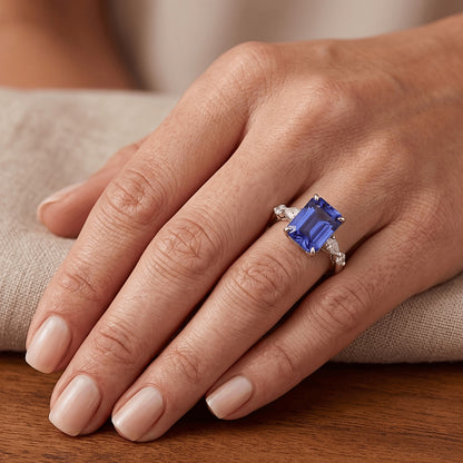 Engagement Ring 5 Stones Radiant Ceylon Sapphire & Natural Earth Mined Diamond 4 Carats