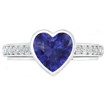 Engagement Ring Bezel Set Deep Blue Sapphire 3.50 Carats Pave Natural Earth Mined Diamonds